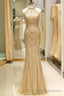 Mermaid High Neck Gold Beaded Long Formal Prom Dress