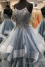 Elegant Lace-Up Cascading Ruffles Blue Tulle Prom Dress