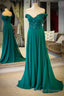 Off the Shoulder A Line Chiffon Emerald Green Prom Dress