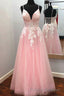 Elegant V Neck Lace-Up Back Pink Prom Dresses Long with Appliques