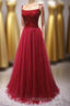 Straps Red Long Prom Dress with Beaded Bodice