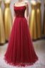 Straps Red Prom Dresses Long with Beaded Bodice