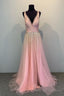 A Line V Neck Sequin Long Pink Prom Dress