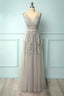 A Line Low V-Back Grey Bridesmaid Dress with Lace