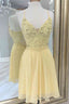 V Neck Yellow beaded Lace Applique Homecoming Dress