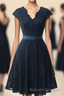 A Line Cap Sleeve Navy Blue Bridesmaid Dresses with Belt