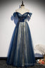 A Line Off the shoulder Navy Blue Formal Dress