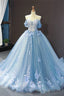 Off the Shoulder Blue Tulle and White Lace Appliques Ball Gowns