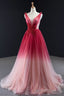 Ombre Red A Line Tulle Long Formal Dress