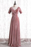 Blush Velvet Long Prom Dress with Short Sleeves