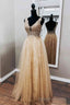 A Line Champagne Tulle Formal Dress with Appliques