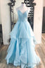 Elegant Light Blue Ruffled Tulle Prom Dresses