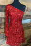 Red Sequins One Shoulder Long Sleeve Prom Dress