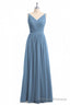 Simple Dusty Blue V Neck Backless A Line Long Bridesmaid Dress