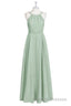 Sage Green Chiffon Halter A Line Long Bridesmaid Dresses