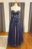Navy Floral Appliques Strapless A-Line Prom Dress