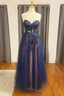 Navy Floral Appliques Strapless A Line Prom Dress