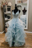 Blue V Neck Lace Long Prom Dresses, A Line Backless Prom Dresses