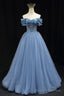 Blue Tulle Beaded Long Prom Dress, Elegant A-Line Blue Evening Dress
