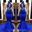 2025 High Neck Beaded Mermaid Royal Blue Prom Dresses