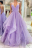 Purple V Neck Sleeveless A Line Tulle Sequin Prom Dresses
