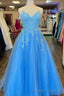 Blue Tulle Appliques Lace-Up Back A Line Prom Dress