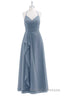 Dusty Blue Chiffon Halter Backless Ruffled Long Bridesmaid Dress