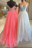 A Line Sparkly Plunging V Neck Spaghetti Straps Sequins Top Long Prom Dresses