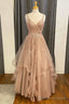 Champagne Lace Beaded V Neck Straps A Line Tiered Prom Dress