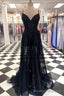 A Line V Neck Long Black Lace Evening Dress, Black Lace Formal Prom Dresses