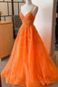 A Line V Neck Orange Lace Long Prom Dress, Orange Lace Formal Dress, Orange Prom Dress