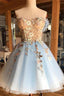 A Line Light Blue Off The Shoulder Above Knee Homecoming Prom Dress With Appliques