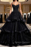 Black Tulle Open Back V Neck Beaded Layered Long Prom Dresses