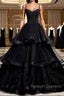 Black Tulle Open Back V Neck Beaded Layered Long Prom Dress