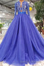 Blue Long Sleeves V Neck Tulle Prom Dresses with Beading
