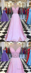 A Line V Neck 2 Pieces Pink Lace Prom Dresses, Pink 2 Pieces Lace Formal Graduation Prom Dresses, C0125