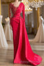 Gorgeous Red Long Sleeve Mermaid Evening Dress Lace Appliques Prom Gown Ruffles
