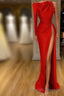 One Shoulder Long sleeves High-split Soft pleated Red Prom Dresses