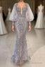 Charming Long Mermaid Sweetheart Tulle Lace Prom Dress with Puffy Sleeves