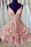 Cheap A Line Spaghetti Straps Lace Up V Neck Pink Homecoming Dress With Sequins