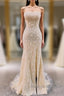 Classy Gold Lace Appliques Long Strapless Prom Dresses with Side Slit