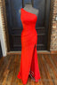 One Shoulder Red Mermaid Long Prom Dress with Slit