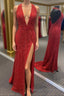 Simply Red Sequin Mermaid Prom Dresses Long with Slit