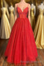 Sraps A Line Red Shiny Tulle Prom Gown