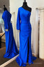 Mermaid One Shoulder Long Sleeve Royal Blue Prom Dress
