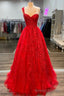 One Shoulder Red A Line Appliques Tulle Formal Gowns