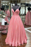 Pink Sequin Empire A Line Long Prom Dress