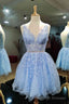 Blue Sleeveless Rolled Lace V Neck Short Prom Dresses, Homecoming Dresses