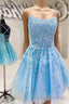 Blue A-line Spaghetti Straps Lace Short Prom Dresses, Homecoming Dresses