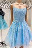 Blue A Line Spaghetti Straps Lace Short Prom Dress Homecoming Dress